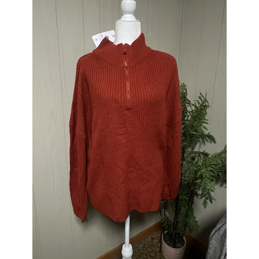 Merokeety Loose Knit 1/4 Zip Dark Orange‎ Slouch Sweater Large NWT